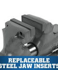 Beefed Up Heavy Duty Bench Vise For Machinists With 6 Inch Jaw Width 10 Inch Opening Five And A Half Inch Throat Locking Swivel Base With Double Lockdowns Sealed Construction For Lifetime Smooth Operation Massive Cast Iron Body And Hardened Steel Jaws, replaceable steel jaw inserts