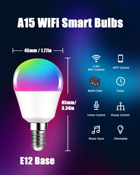 Smart RGB E12 Base Light Bulb Dimmable Color Changing With Alexa And Google Home WiFi Bluetooth 500 Lumens 6W Incandescent