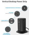 10-Foot Power Strip Tower With Eight Outlets And Five USB Ports, Dope Surge Protector With Individual Switches, Black