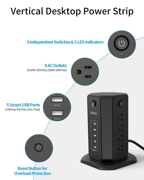 10-Foot Power Strip Tower With Eight Outlets And Five USB Ports, Dope Surge Protector With Individual Switches, Black