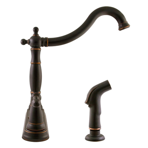 Oakmont Two Handle Kitchen Faucet With Side Sprayer In Oil Rubbed Bronze, Classic Victorian Style, front view.