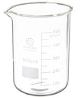 Rock Solid Borosilicate Glass Beaker Set That Works Like A Charm For Chemistry Class College Lab Research And Personal Science Projects Featuring Clear Graduations And Easy Pouring In This Heavy Duty Four Piece Six Hundred Milliliter Pack with clear volume markings.