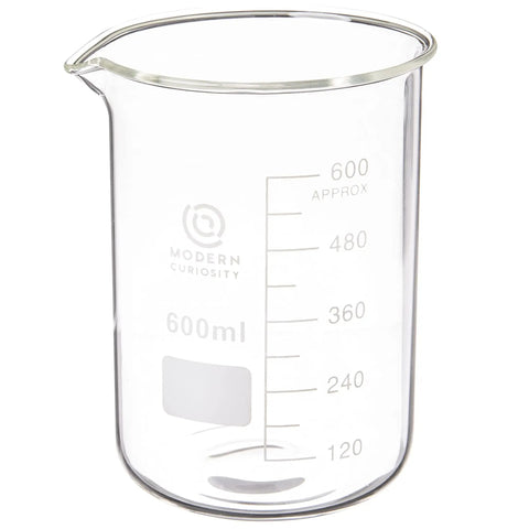 Rock Solid Borosilicate Glass Beaker Set That Works Like A Charm For Chemistry Class College Lab Research And Personal Science Projects Featuring Clear Graduations And Easy Pouring In This Heavy Duty Four Piece Six Hundred Milliliter Pack with clear volume markings.