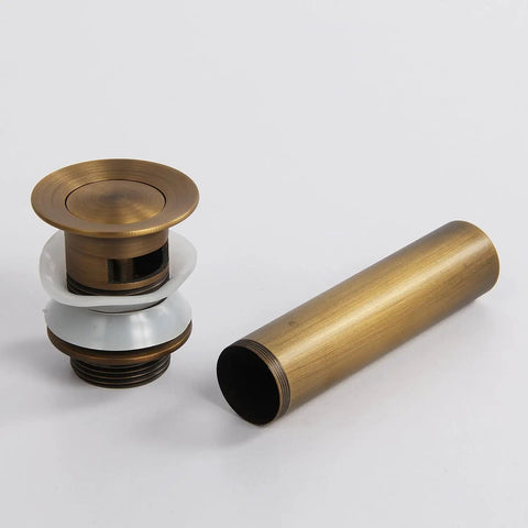 Antique Solid Brass Pop Up Sink Drain Stopper With Overflow For Bathroom Vanity, Durable All Metal Drain Assembly shown with tailpiece