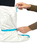 Disposable Hazmat Boot Covers Knee High White 18 Inch Tall Non Slip Sole Waterproof And Fluid Resistant Breathable Microporous Polypropylene Grab And Go Ready 6 Pairs Safe Work Booties For Lab Medical Cleaning being adjusted.