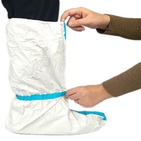Disposable Hazmat Boot Covers Knee High White 18 Inch Tall Non Slip Sole Waterproof And Fluid Resistant Breathable Microporous Polypropylene Grab And Go Ready 6 Pairs Safe Work Booties For Lab Medical Cleaning being adjusted.
