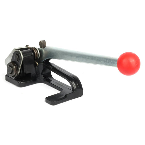 Rock Solid Steel Strapping Tensioner Tool For Pallet Packaging Banding 1/2 To 5/8 Inch Steel Strap showing side view of handheld bander.