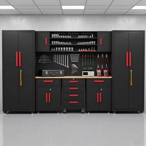 Black Garage Tool Cabinet Set, 9-Piece Storage System For Tools And Gear, Heavy-Duty Corner Workshop Organizer