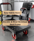 Heavy Duty Folding Platform Truck With Smooth As Butter TPR Wheels Steel Frame Hand Dolly Push Cart Solid showing a black cart with red wheels in a home setting.