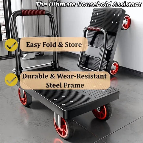 Heavy Duty Folding Platform Truck With Smooth As Butter TPR Wheels Steel Frame Hand Dolly Push Cart Solid showing a black cart with red wheels in a home setting.