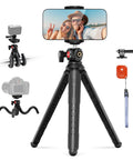 Mini Flexible Phone Tripod With Remote For iPhone Desktop Stand Vlog Selfie Stick On The Go With Phone Holder And Action Camera Adapter Compatible With GoPro Insta360 Samsung Digital Cameras TP35, shown with attached smartphone and flexible legs.