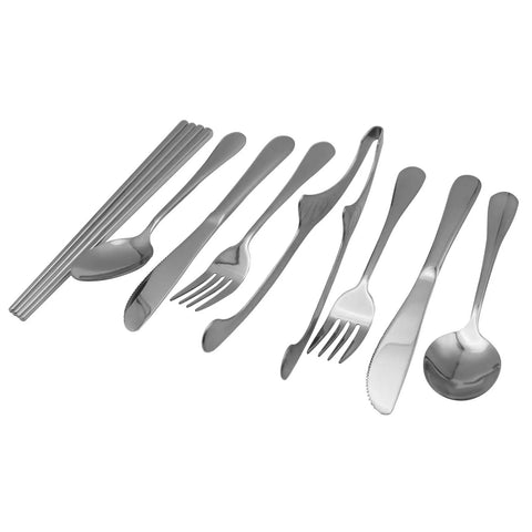 Outdoor Camping Mess Kit For Two With Stainless Steel Forks Spoons Knives Plates laid out on a white background