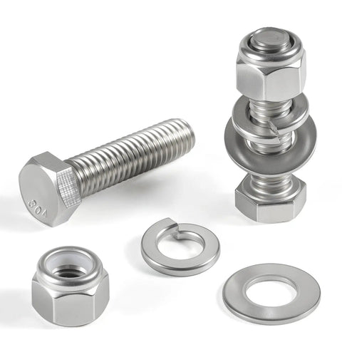 Heavy-Duty 288Pcs Hex Bolts And Nuts Assortment Kit in 304 Stainless Steel with 1/4-20 5/16-18 3/8-16 Sizes Includes Lock Nuts and Washers, showcasing stainless steel bolts and washers.