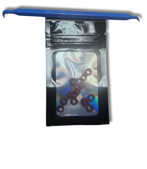 Front view of red silicone O-rings in a sealed foil pouch with a blue installation tool on top.