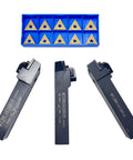 Heavy Duty 3 Piece 5/8 Inch 16mm Indexable Carbide Lathe Turning Tool Holder Set With MTJNR1616H16 MTJNL1616H16 MTENN1616H16 And 10 TNMG160404 TNMG331 Carbide Inserts For Precise Metal Turning In Steel And Aluminum Shank 16mm x 16mm displayed in a blue tray with black holders