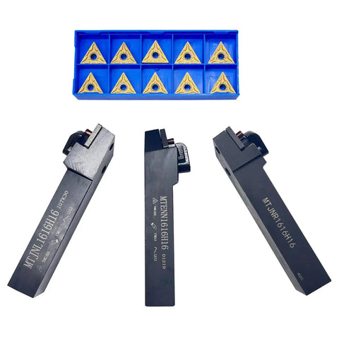Heavy Duty 3 Piece 5/8 Inch 16mm Indexable Carbide Lathe Turning Tool Holder Set With MTJNR1616H16 MTJNL1616H16 MTENN1616H16 And 10 TNMG160404 TNMG331 Carbide Inserts For Precise Metal Turning In Steel And Aluminum Shank 16mm x 16mm displayed in a blue tray with black holders