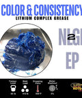 Heavy Duty Lithium Complex Grease NLGI 2 EP High Temp Multi Purpose Lubricant close-up showing blue color and consistency