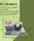 Heavy Duty Bench Disc Wheel Grinder Integrates A Mower Blade Sharpener and boasts a rock solid 1/2 HP motor with seven inch aggressive 24 grit ceramic wheel for lightning fast grinding and shop tasks, showing specs.