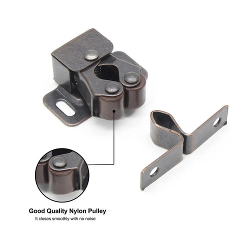 10 Pack Double Roller Cabinet Latches With Spear Strike For Cupboard Closet Door Easy Install Secure Closure Antique Bronze Finish Built Tough For Cabinets And Dressers Smooth Quiet Action Durable Steel Construction, showing a close-up of the latches with nylon pulley.
