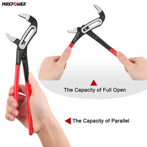 Water Pump Pliers Set 7 Inch 10 Inch 12 Inch With Curved Jaw, Quick Adjustment showcasing parallel and full open capacity.