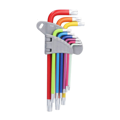 Kickstart Your Home Repair Game With This Hottest 9 Pcs Arm Hex Wrench Set Featuring Gnarly Color Coding And Solid Metal Star Hex Keys For Pro Level Maintenance, Fixing, And All Your Daily DIY Projects Without The Stress. color-coded 9-piece Torx hex key set in holder