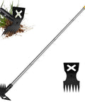 Long Handle Weed Puller Tool 60 Inch Two In One Garden Rake And Hoe for weeding and uprooting deep roots with metal head.