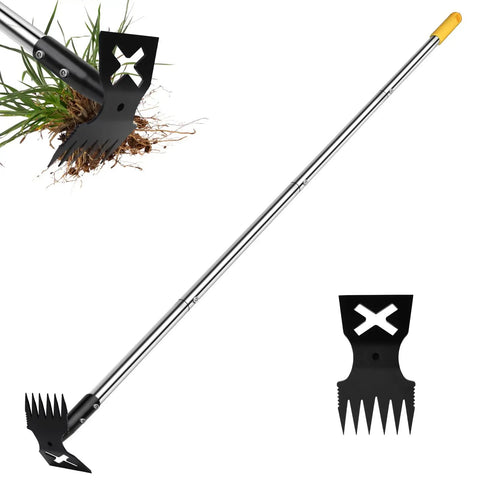 Long Handle Weed Puller Tool 60 Inch Two In One Garden Rake And Hoe for weeding and uprooting deep roots with metal head.