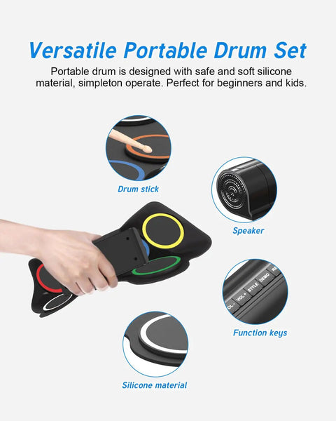 Roll Up 7 Pad Electronic Drum Set Midi Drum Kit with headphone jack showing silicone material, speaker, and function keys