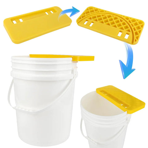 Beekeeping Honey Uncapping Tank Holder For Easy Harvesting And Frame Scraper, yellow ABS plastic, on white 5-gallon bucket