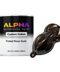 Color Shifting Rose Gold Pearl Basecoat Auto Paint Gallon For Custom Hot Rod Rides Ready To Spray With Slow Reducer Sick Color Shift Pro Grade Mixing Kit next to a tinted rose gold paint sample.