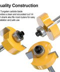 Rabbet Router Bit Set With 1/4 Inch Shank And 6 Bearings showing carbide inserts and anti-kickback feature