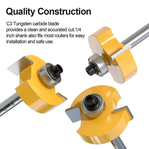 Rabbet Router Bit Set With 1/4 Inch Shank And 6 Bearings showing carbide inserts and anti-kickback feature
