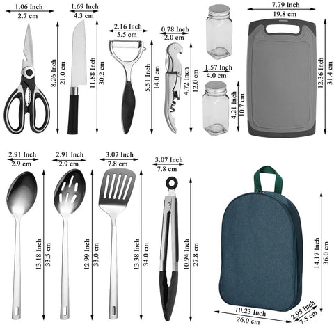 Outdoor Camping Kitchen Utensil Set 10 Piece Stainless Steel Cooking And Grilling Utensils With Travel Organizer dimensions