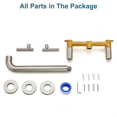 All parts of Wall Mount Tub Filler With Two-Handle Roman Tub Faucet, Long Reach Spout, Solid Brass, available in package