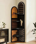Dope Industrial Boho 4 Tier Corner Bookshelf with metal frame and artistic panels in living room corner, modern decor