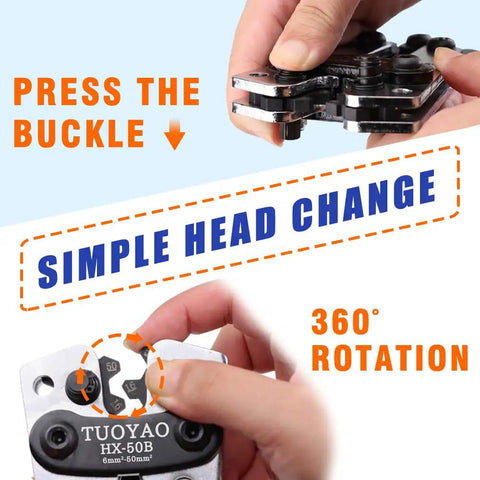 Beefy Heavy Duty Battery Cable Lug Crimping Tool with Rotating Dies showcasing 360-degree rotation and head change feature.