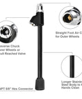 Extended Reach Dual Head Air Chuck Set With Quick Plug For Cars, Bikes, And Motorcycles, 1/4 Inch FNPT Straight and 30 Degree Reverse Chuck Diagram