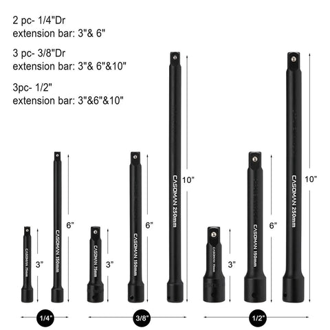 18 Piece Drive Tool Accessory Set with CRV Steel Extension Bars in Black Phosphate Finish for Heavy Duty Auto and Home Tools.