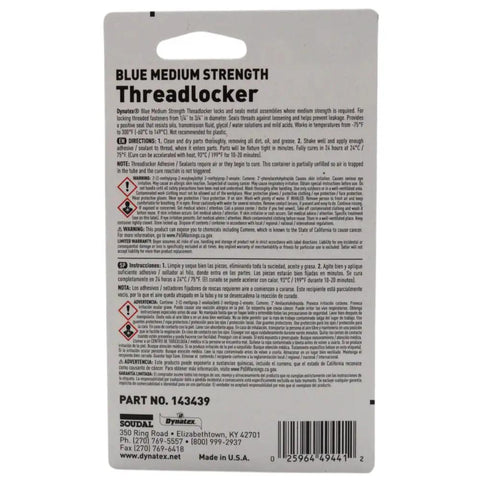 Packaging back view of Blue Medium Strength Thread Locker For Metal Fasteners, 0.20 Ounce Bottle, Removable With Hand Tools, 3 Pack.