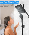 8 Inch High Pressure Rainfall Shower Head And Handheld Combo in use, sleek matte black finish, bathroom setting