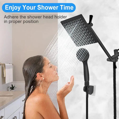 8 Inch High Pressure Rainfall Shower Head And Handheld Combo in use, sleek matte black finish, bathroom setting