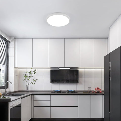 Modern kitchen with 12 Inch LED Flush Mount Ceiling Light 24W Waterproof IP54 For Indoor And Outdoor Use No Fuss Surface Flat Round Fixture