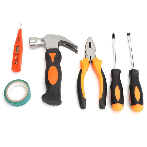 9 Piece Home Repair Tool Kit with screwdrivers, pliers, hammer, utility knife, digital electric pen, ruler, electrical tape visible