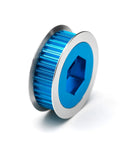Close-up of a blue aluminum pulley from TT02 Beefed Up Belt Drive RC Car Transmission System With 36T And 16T Aluminum Pulleys And Metal Spur Gear For Tamiya 1 by 10 4WD On Road Shaft Drive RC Cars For Racing Enthusiasts.