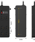 Heavy Duty Surge Protector Packing 3000 Joule Surge Defense 6 Outlet Beefy Metal Power Strip In Black dimensions and design view.