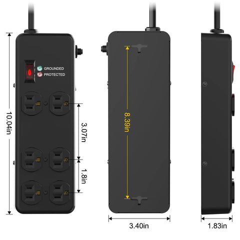 Heavy Duty Metal Power Strip Featuring Six Hella Durable Outlets And Big Time 3000 Joule Surge Protection For Computers Tools And Home Gear Along With A Smooth Six Foot Black Cord, side profile and dimensions.