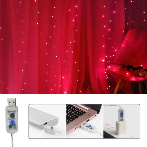 300 LED Curtain String Lights With USB Power And Remote Control, 8 Lighting Modes, red curtain with USB connections