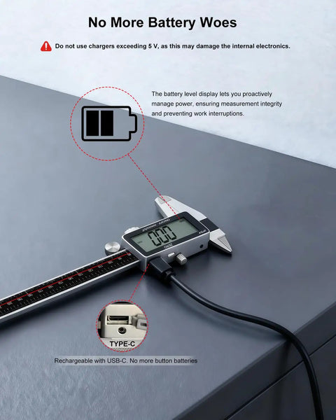 Dope Digital Caliper 12 Inch With Ultra Precision 0.001 Inch Accuracy, USB C rechargeable caliper on table, large LCD display
