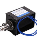 24V 80N Push Pull Solenoid Electromagnet Open Frame Linear Actuator With 20mm Stroke Spring Return Plunger Low Friction Design 10A Current Everyday Workhorse Magnetic Actuator JF 1683B 24V, black metal body with blue wires