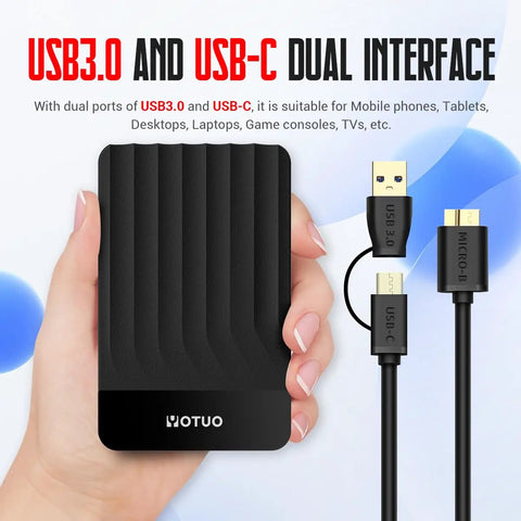Portable External Hard Drive 1TB USB 3.0 USB-C Storage Expansion for PC Mac Desktop Laptop PS4 Xbox held in hand with cables